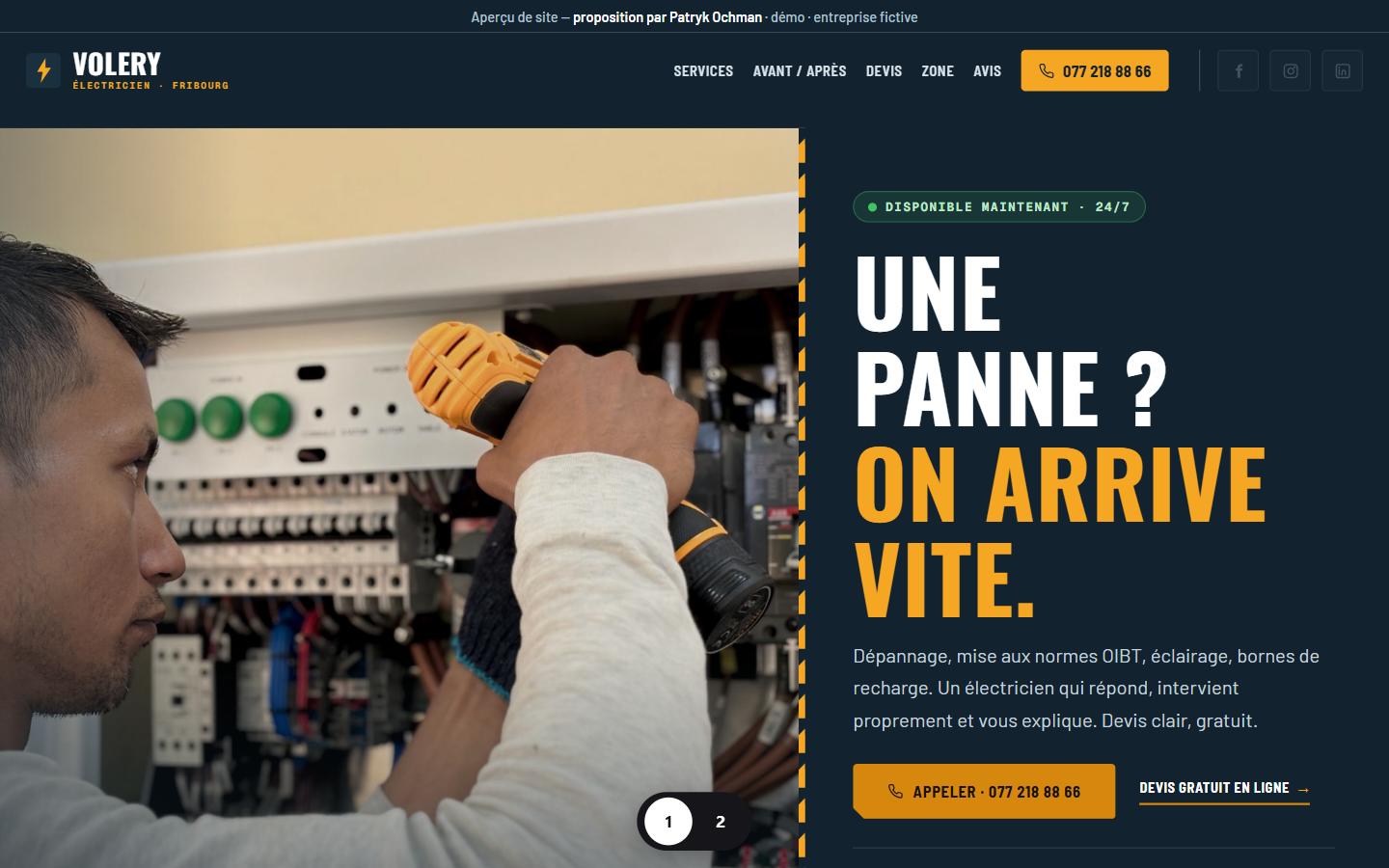 Aperçu du site de démonstration pour électricien